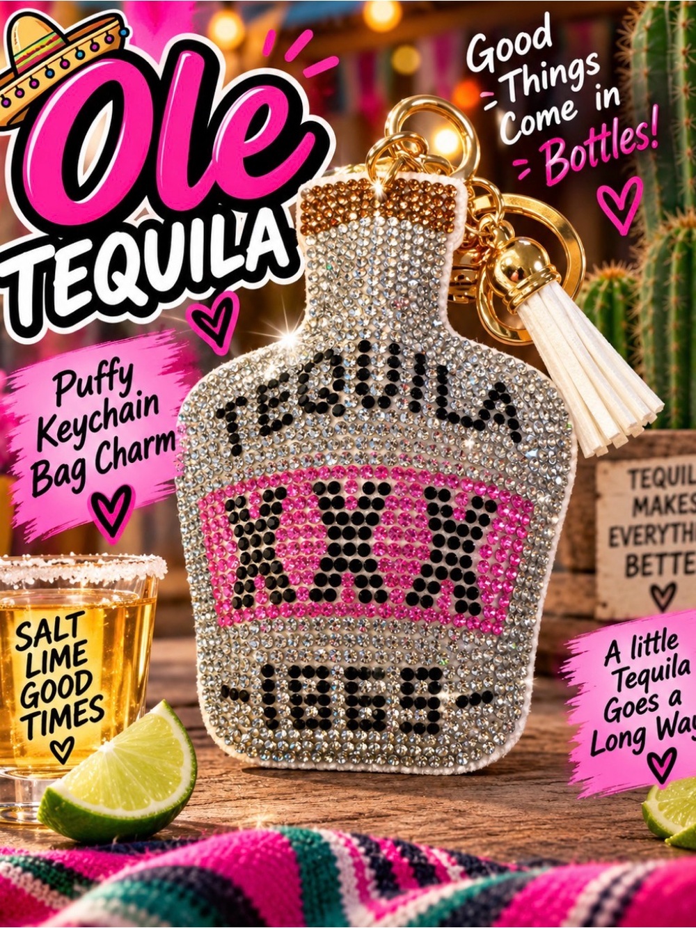 Ole!! Puffy Tequila Keychain Bag Charm